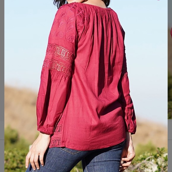 Wine 3/4 Sleeve Embroidered Lace Tunic, M - Picture 5 of 5